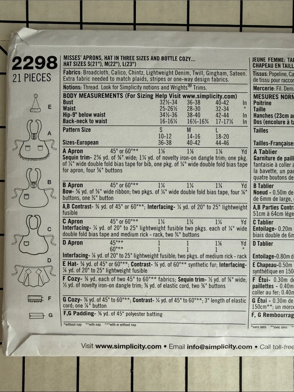 Simplicity 2298 UNCUT Apron Sewing Pattern S M L Santa Hat Wine Bottle Cozy